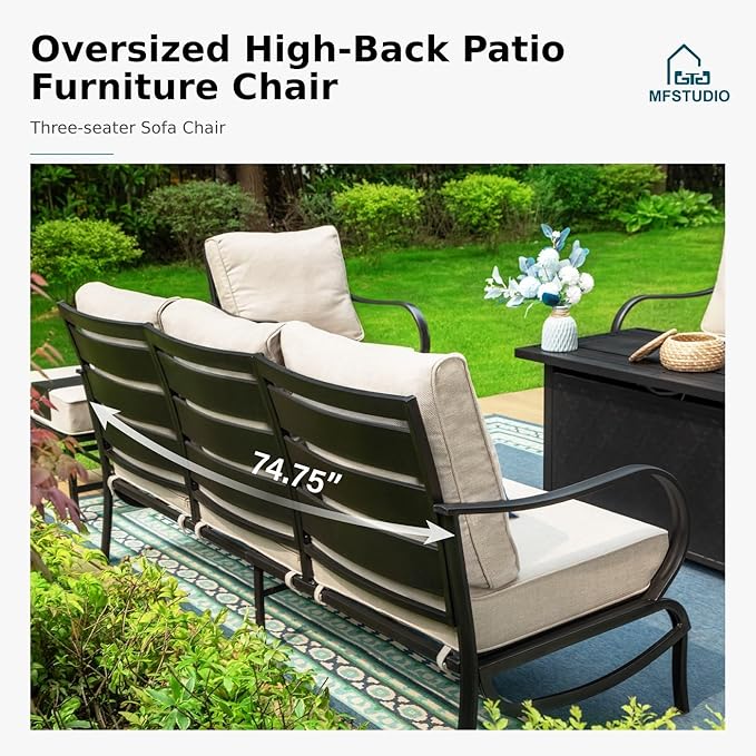 MFSTUDIO Patio Furniture Sets,Outdoor Metal Patio Conversation Sofas with 1 x 3-Seat Sofa for Garden,Beige Cushion