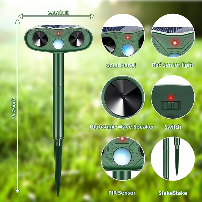 4Pack Ultrasonic Animal Repellent Outdoor Deer Repellent Devices, 2025 Solar Cat Repeller Motion Detection, Animal Repeller Outdoor to Scare Squirrel Dog Repellent Deterrent for Yard Farm