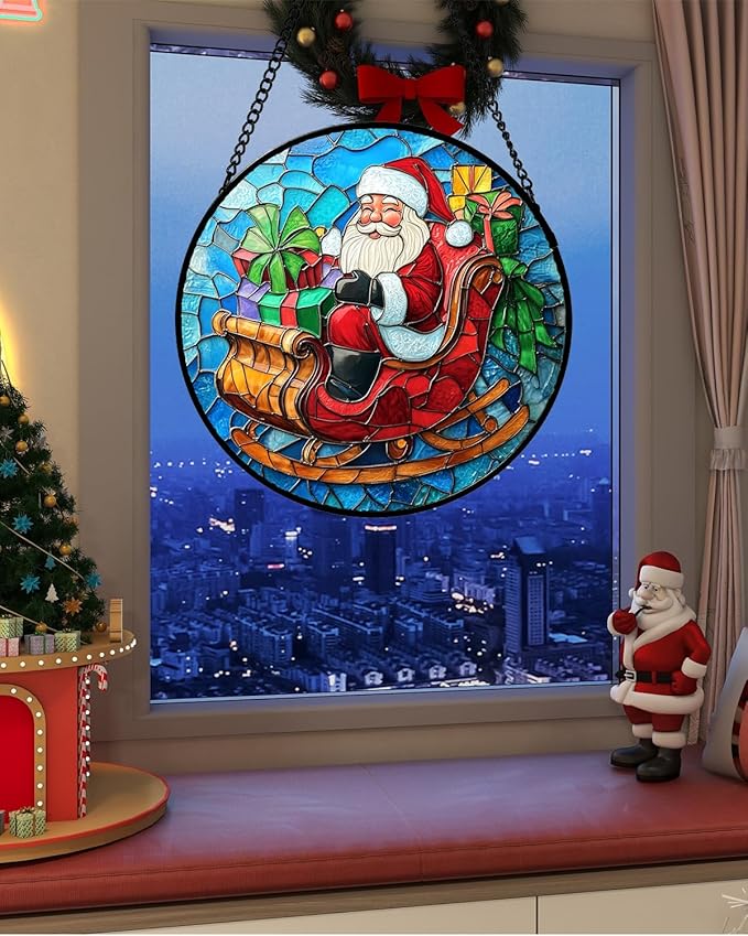 DASTOLL Stained Glass Window Hanging - Red Santa Claus Gift Box Suncatcher for Doors Home Christmas Decoration Winter Sun Catcher Thanksgiving New Year Birthday Gift for Women Men Mom Nana 11.8 in