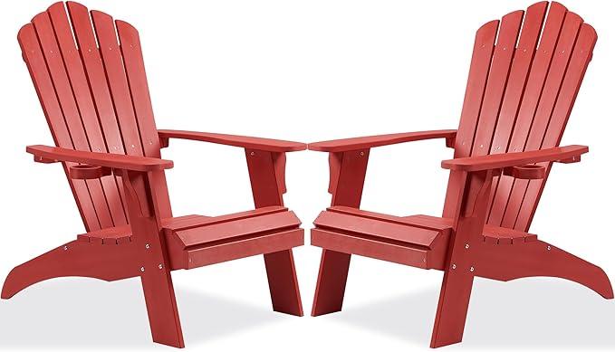 Psilvam Adirondack Chair, Oversized Poly Lumber Fire Pit Chair with Cup Holder, 350Lbs Support Patio Chairs for Garden, Weather Resistant Adirondack Chair Looks Like Real Wood (2, Red)