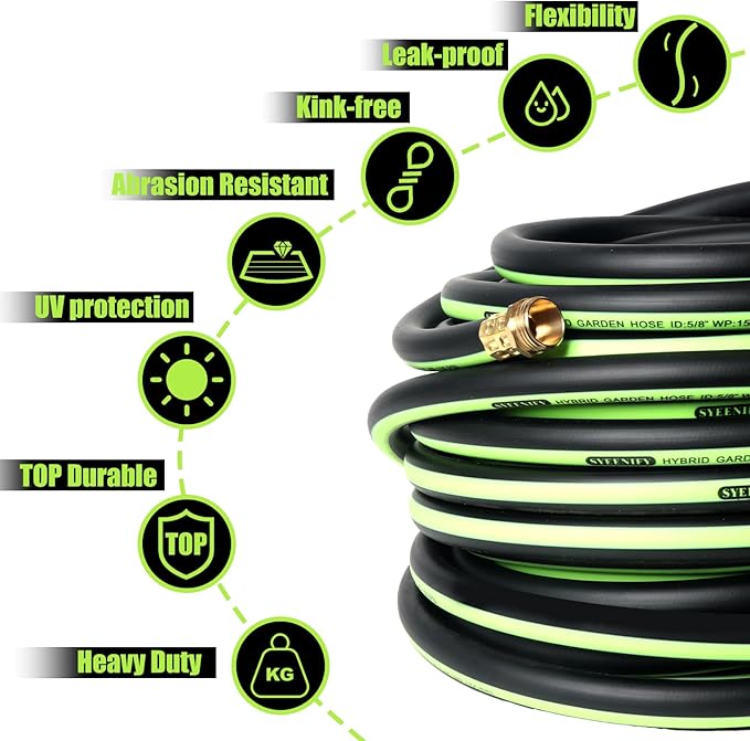 SYEENIFY Kink Free Garden Hose 100ft 5/8", Heavy Duty Hybrid Water Hose, Ultra Durable Flexible Rubber Hose with Sprayer Nozzle,Leakproof Yard Outdoor Hose with Brass Solid Connector