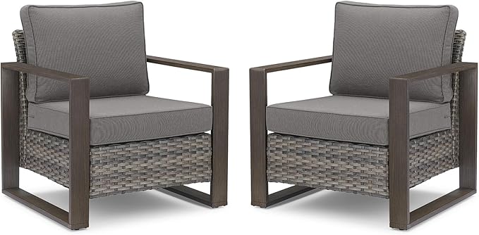 Belord Patio Wicker Chairs Set of 2-350 LBS Weight Capacity Wicker Outdoor Club Chair Set with Metal Wide Armrests for Porch Deck Sunroom Backyard