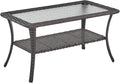 Rilyson Patio Tables Outdoor Coffee Table - Wicker Rattan Coffee Tables with 2-Tier Storage Shelf Glass Top for Outside Proch Deck Balcony Garden Rectangle Brown