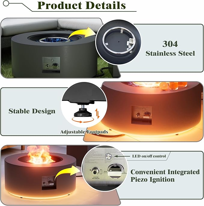 Dineli 2-Piece Outdoor Propane Fire Pit Table Set w Tank Table 30'' Round Fire Pit Table 2-in-1 Firepit Table for Outside Patio Gas Fire Pit w LED, 50,000 BTU, Dark Gray with Warmlight