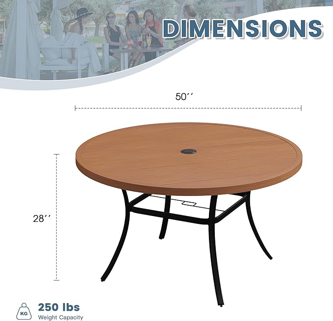 DIFY 50" Round Outdoor Patio Dining Table for 6, Metal Patio Table with 1.57" Adjustable Umbrella Hole, All-Weather Dining Furniture Table for Backyard Lawn Garden, Walnut