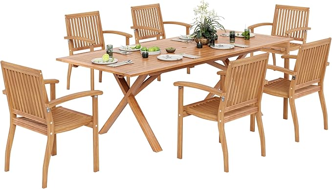 MIXPATIO Acacia Wood Outdoor Dining Set, 7 Pieces Patio Dining Table and Chairs Set, Expandable Dining Table(1.97" Umbrella Hole) and 6 Wooden Chairs, Patio Furniture Set for Deck Poolside Backyard