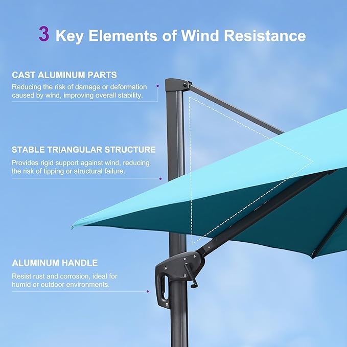 PURPLE LEAF 12ft Patio Umbrella with Base Large Outdoor Square Umbrella Deluxe Hanging Double Top Cantilever Offset Market Umbrella Windproof Garden Umbrella Turquoise Blue