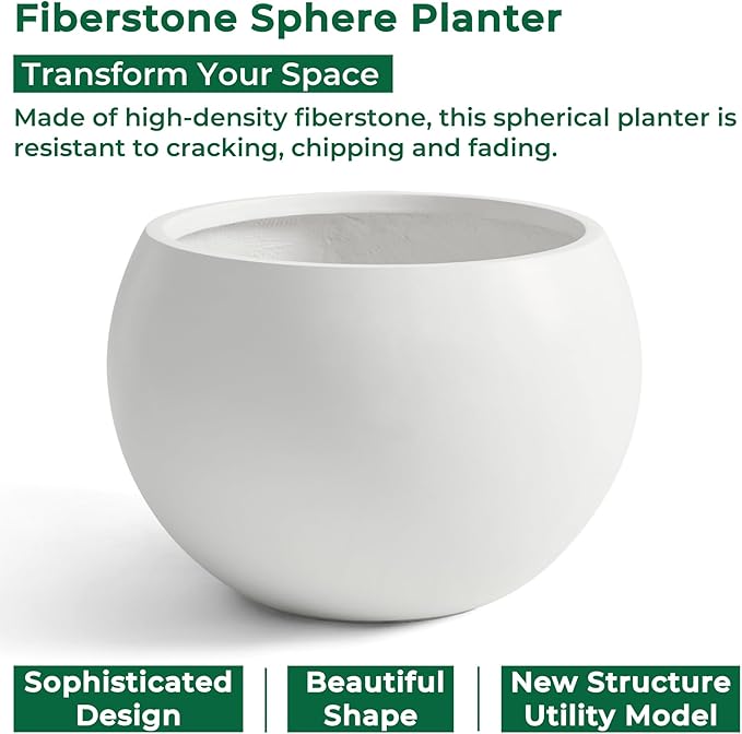 21.3" D Fiberstone Extra Large Planter, 16.6" Pot Opening x 14.8" H, Spherical Flower Pot with Drainage Hole, Weather Resistance Indoor Outdoor Planters, White