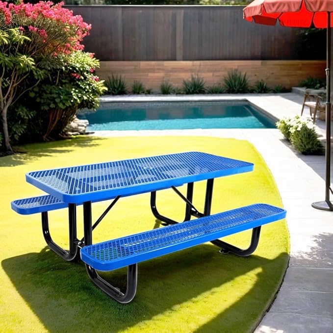 Phyfalip 6 ft. Rectangular Outdoor Steel Picnic Table with Umbrella Pole, Heavy-Duty Weather-Resistant Dining Table for Patio, Backyard, and Garden, Rust-Resistant Finish, Blue