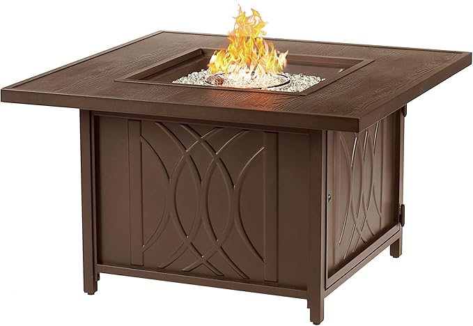 Square 42 in. x 42 in. Aluminum Propane Fire Pit Table with Glass Beads, Two Covers, Lid, 57,000 BTUs in Brown Finish