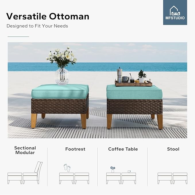 MFSTUDIO 7 Pieces Extra Large Wicker Patio Furniture Set, All-Weather Rattan Outdoor Conversation Half-Moon Patio Sectional Sofa Set, 4 x Curved Sofa, 1 x Armless Sofa, 2 x Ottomans(Aqua Blue Cushion)