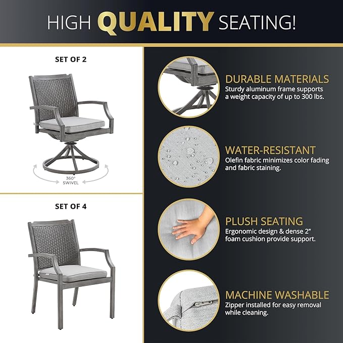 New Upgrade 7-Piece Rattan Patio Furniture Set, 76" Propane Fire Pit Table 50,000 BTU, 4 Dining & 2 Swivel Chairs Included, Cushion, CSA Certified, for Garden Backyard Outdoor Dining and Conversations