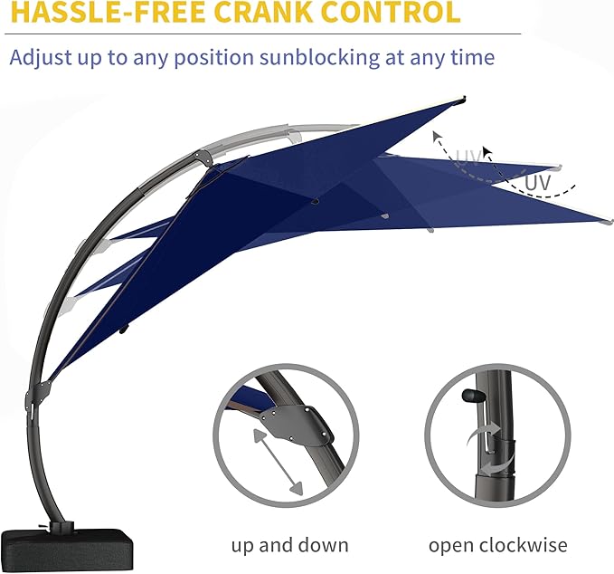 Kingdura 12ft Cantilever Patio Umbrella with Base Included, Large Round Offset Outdoor Pool Umbrella, 360° Rotation & Infinite Tilt, Heavy Duty Aluminum Frame for Deck Backyard, Navy blue