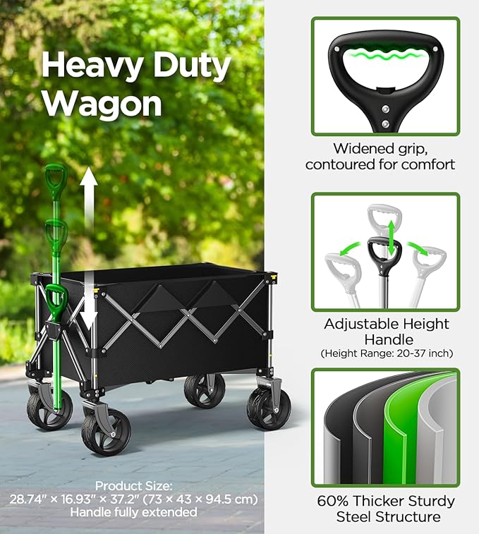 Collapsible Folding Wagon Cart with Large Wheels & 150L Capacity | Heavy-Duty Foldable Utility Wagon for Groceries, Camping, Beach, Sports & Garden Use | Compact Storage, No-Tool Setup-Black
