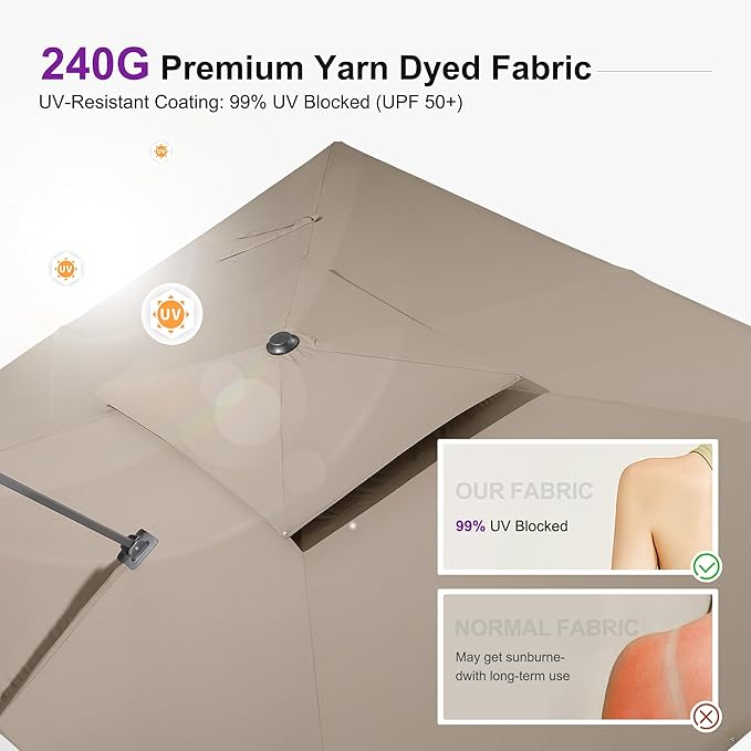 PURPLE LEAF 10' X 13' Cantilever Outdoor Umbrellas Large Patio Umbrella Hanging Double Top Rectangle Offset Umbrella with 360°Rotation Tilting Umbrella Outdoor Patio Taupe
