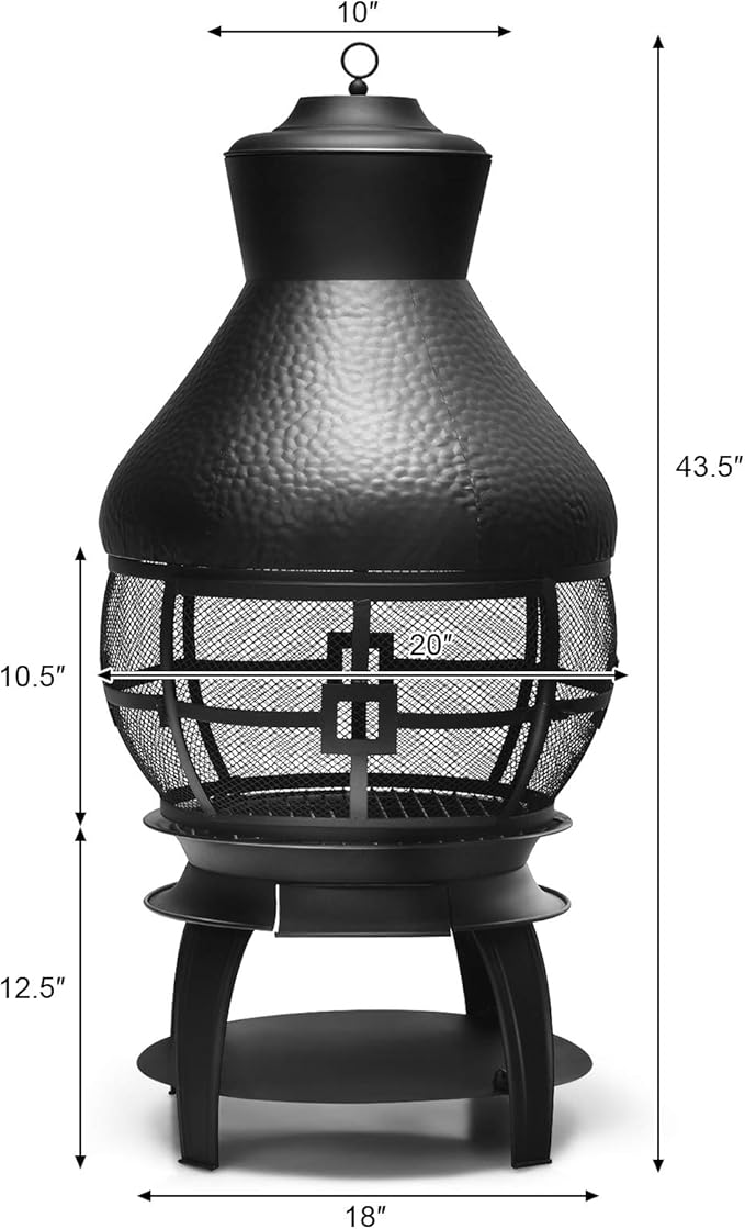Giantex Wood Burning Chiminea, Heavy Duty Fireplace Chiminea Wooden Fire Pit with 2-Piece Log Grate, Premium Rain Cap & Fire Poker, 360°Fire Retardant Mesh Cover, Ideal for Garden, Patio, Backyard