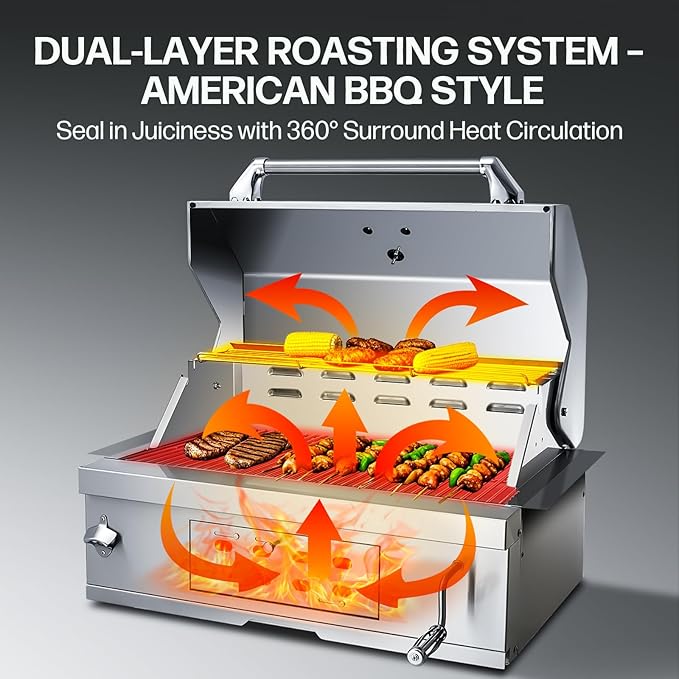 Large Built-In Charcoal BBQ Grill, Charcoal Grills with Liftable Tray, Insulated Hood & Temperature Gauge, Heavy-Duty Stainless Steel Barbecue Grill for Outdoor Kitchen, Family Parties, and Camping