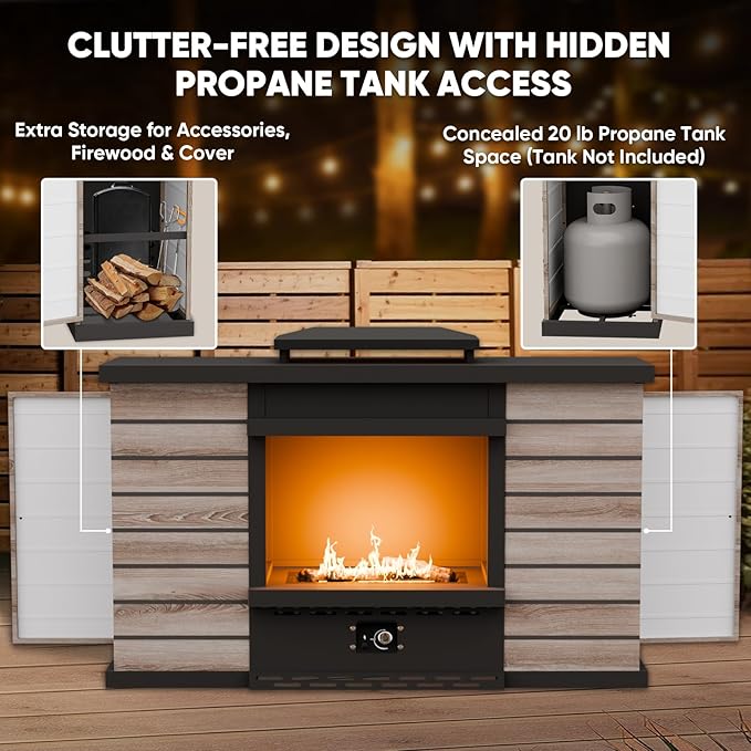 EAGLE PEAK Outdoor Propane Fireplace 50,000 BTU Ventless Gas Fireplace with Hidden Storage & Adjustable Flame, Patio Heater for Decks Backyards, Gray/Tan