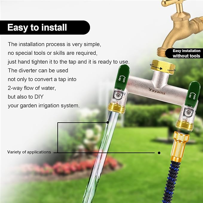 2 Way Garden Hose Splitter, Heavy Duty Brass Nickel Plated Rust Resistant Faucet Manifold, 3/4" Frost Resistant Outdoor Hose Adapter Connector，Hose Spigot Adapter with 2 Large Green Handles