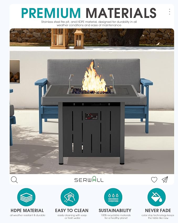 SERWALL Patio Furniture Set with 33” Fire Pit Table, HDPE Outdoor Sectional Sofa Set with Thickened Cushions, Grey Frame with Khaki Cushions