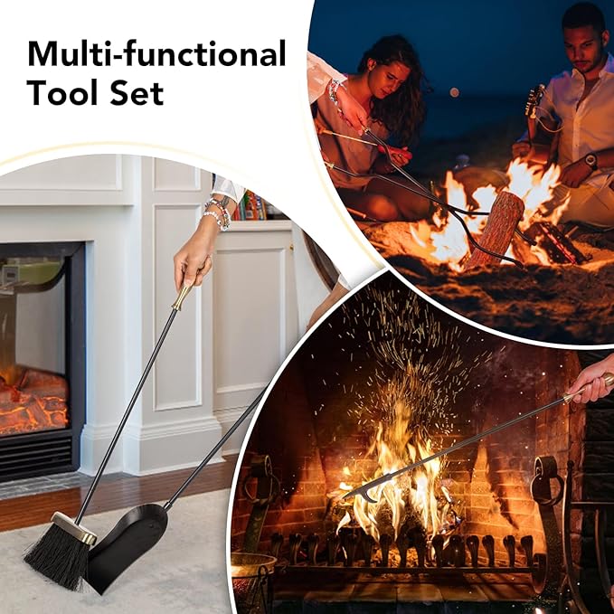 nalone 5 Pieces Fireplace Tools Set, Brass Handles Wrought Iron Fireplace Accessories Set with Poker, Tong, Shovel, Brush, Fire Place Tools Indoor Outdoor (Antique Bronze)