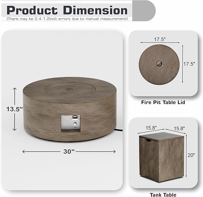 Wood Grain 30'' Patio Fire Pit Table Round, Propane Gas Fire Table 50,000 BTU, Outdoor Firepit & Fireplace for Patio, Brown