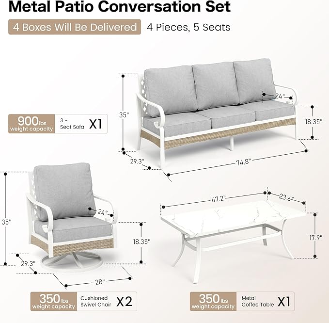 SUNSHINE VALLEY 4 PCS Metal Outdoor Patio Furniture Set, Patio Conversation Sets 1 3-Seater Sofa, 2 Swivel Chairs with 5.75" Extra Thick Cushion and Coffee Table, White Frame Backyard Furniture, Gray