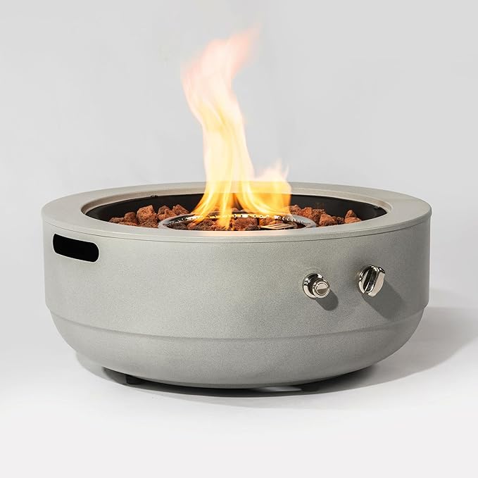 24" Round Propane Gas Fire Pit Bowl, 50,000 BTU Outdoor Gas Firepit Table Patio Burner with Steel Lid, Lava Rocks, Portable Design for Deck Backyard Garden Camping Party Use (Grey)
