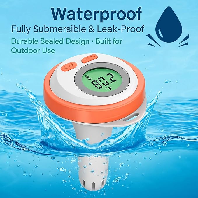 Waterproof Rechargeable Digital Floating Pool Thermometer for Swimming Pool/Fish Tank/Bathtub/Hot Tub/Jacuzzi/Aquarium, LCD Screen Easy to Reading