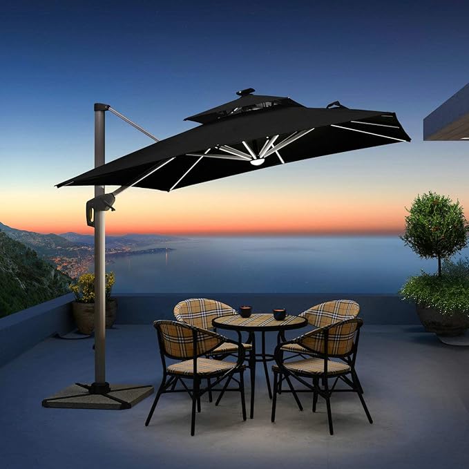 PURPLE LEAF 11 Feet Double Top Deluxe Solar Powered LED Square Patio Umbrella Offset Hanging Umbrella Outdoor Market Umbrella Garden Umbrella, Navy Blue
