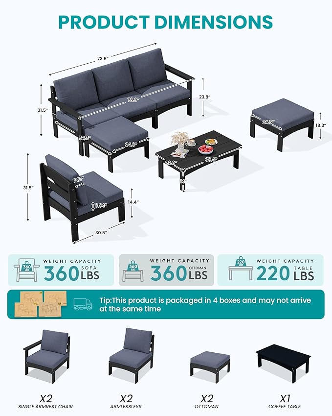 SERWALL HDPE Patio Furniture Set,7 Pieces Patio Conversation Set, All-Weather Modular Patio Sofa Set with Removable Cushions and Coffee Table for Deck, Garden, Porch, Black Frame with Grey Cushion