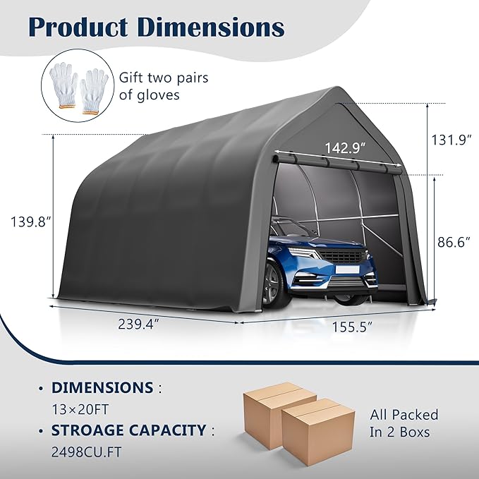 Anti-Snow 13x20 FT Carport,Grade Heavy Duty Portable Garage Canopy with Steel Frame & Vented Roof,Waterproof Outdoor Storage Shed W/Removable Double-Zipper Doors,for Vehicle, Boat,RV,Grey