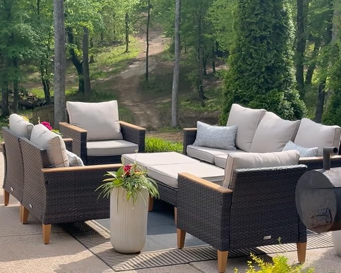 Sophia & William Wicker Patio Furniture Set, Outdoor Rattan Sectional Sofa 9 Piece Patio Conversation Set with 4 x Corner Sofa, 2 x Single Chairs, 1 x Armless Couch, 2 x Ottoman for Deck, Backyard