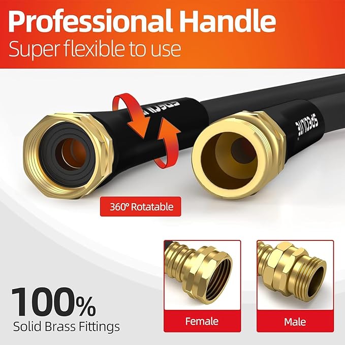 SPECILITE Garden Water Hose 100 ft x 5/8 in Heavy Duty, Flexible and Lightweight, Burst 600 psi, Kink-less Hybrid Rubber Pipe for Backyard, 3/4'' Brass Fittings, Black