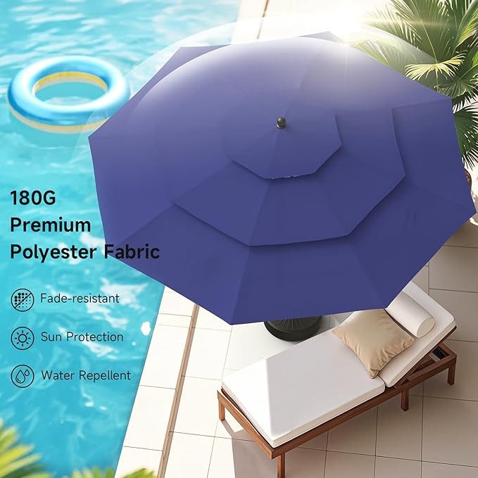 9 FT Outdoor Patio Umbrella, 3 Tier Market Table Umbrella with 8 Sturdy Fiberglass Ribs and 1.5’’ Pole, Smooth Button Tilt Patio Umbrella for Backyard Pool Garden, Blue(No Base)