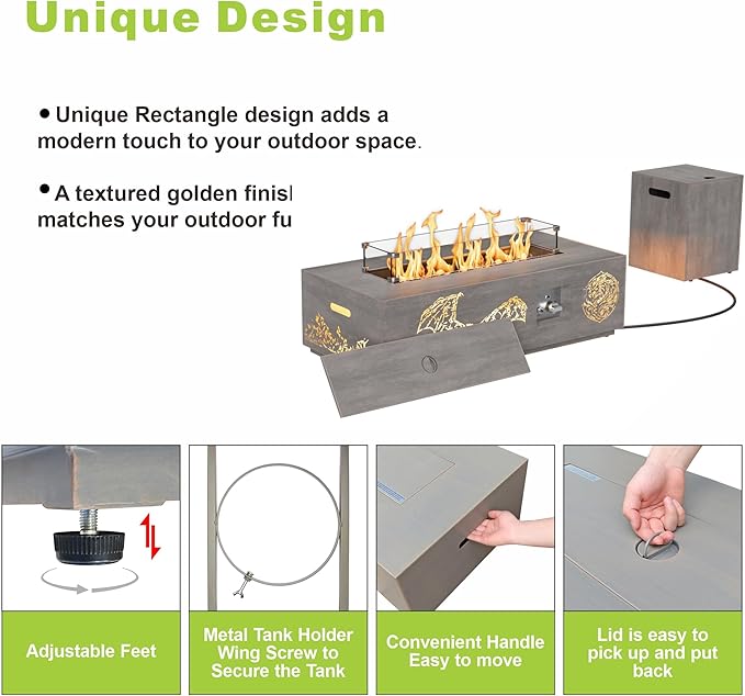 Dineli 2-Piece Outdoor Propane Fire Pit Table Set w Tank Table 42'' Rectangular Gas Fire Pits for Outside Patio Fire Table w LED, 50,000 BTU (Gray, Pterosaur Cutout with Warmlight)