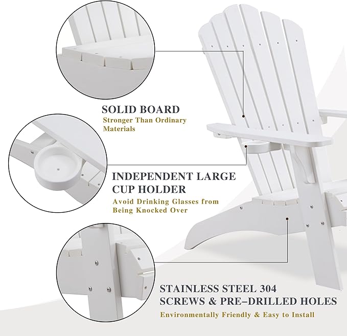 Psilvam Adirondack Chair, Oversized Poly Lumber Fire Pit Chair with Cup Holder, 350Lbs Support Patio Chairs for Garden, Weather Resistant Outdoors Seating, Relaxing Gift for Father & Mother (4,White)