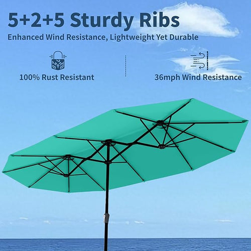 15FT Double Sided Patio Umbrella with Base Included Large Outdoor Market Umbrella with Crank Handle, UV Resistant Canopy, Sturdy Frame for Garden, Poolside, Deck, Turquoise Blue
