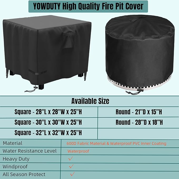 Propane Fire Pit Cover Square 30 Inch, Waterproof Heavy Duty 600D Gas Fire Pit Table Cover 30 x 30 x 25 Inch, Fit 28-30 Inch Firepit Table, All-weather Protection For Patio Fire Table