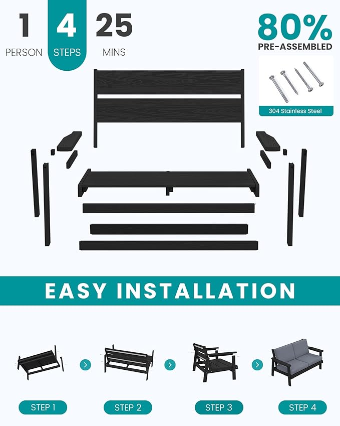 SERWALL HDPE Outdoor Patio Loveseat, Black Frame and Grey Cushion