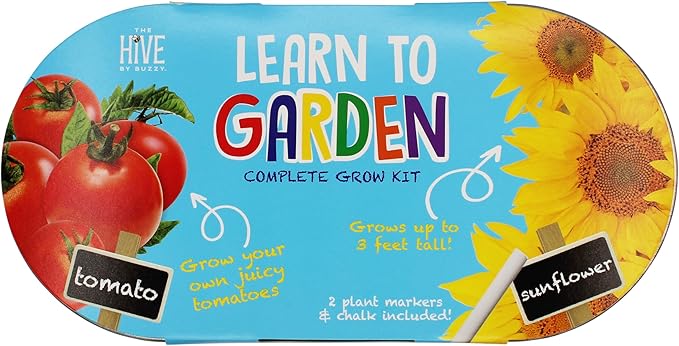 BUZZY Seeds 2-Pot Kids Gardening Kit – Grow Tomato and Sunflower Plants with Non-GMO Seeds, Planters, Growing Medium, Planter Markers and Chalk, Educational Gift for Kids, Birthday or Holiday Present