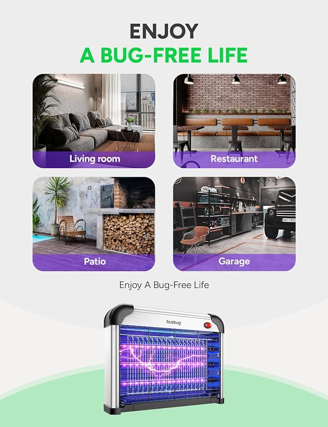 Buzbug LED Bug Zapper Indoor, 3 Lamps Enhance Insect Attraction, 3800V High-Voltage, Up to 50,000 Hrs Lifespan Lamps, Electric Mosquito Zapper, Fly Trap Mosquito Trap, Fly Killer Fly Zapper -MA009