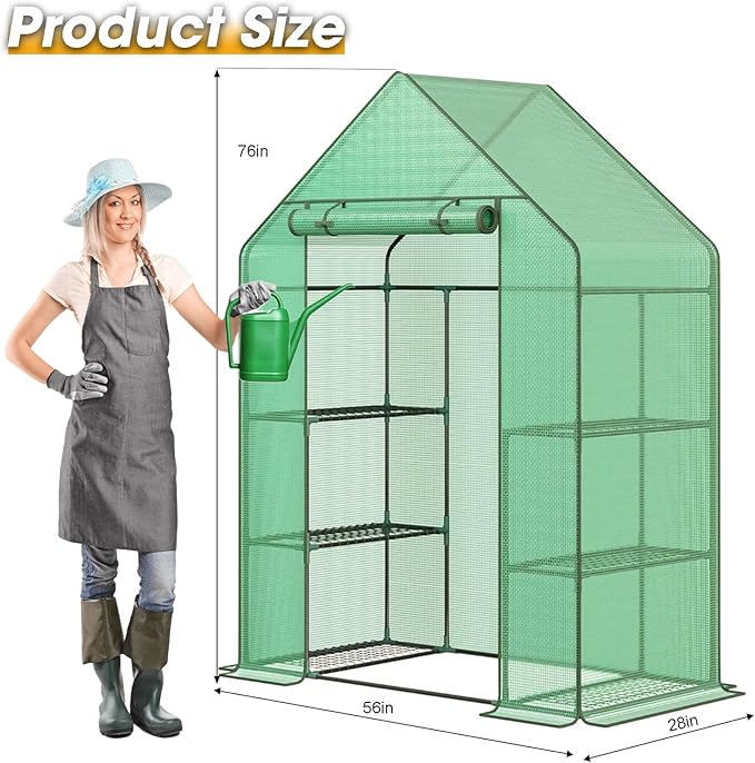 Greenhouse, 56×28×76" Walk in Greenhouse, Portable Green House for Outdoors with Thicken PE Cover, 3 Tiers 8 Shelves for Plants, Flowers, Seedling (Green, 56x28x76 inch)