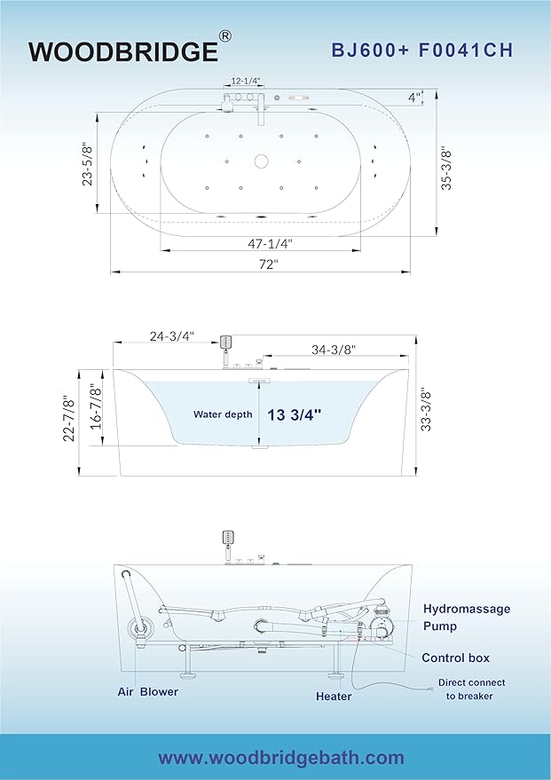 WOODBRIDGE 72" x 35-3/8" Whirlpool and Air Bath Heated Soaking Combination Tub with Adjustable Speed Air Blower, Tub Filler and Display Control Panel, White,BJ-600+F0041