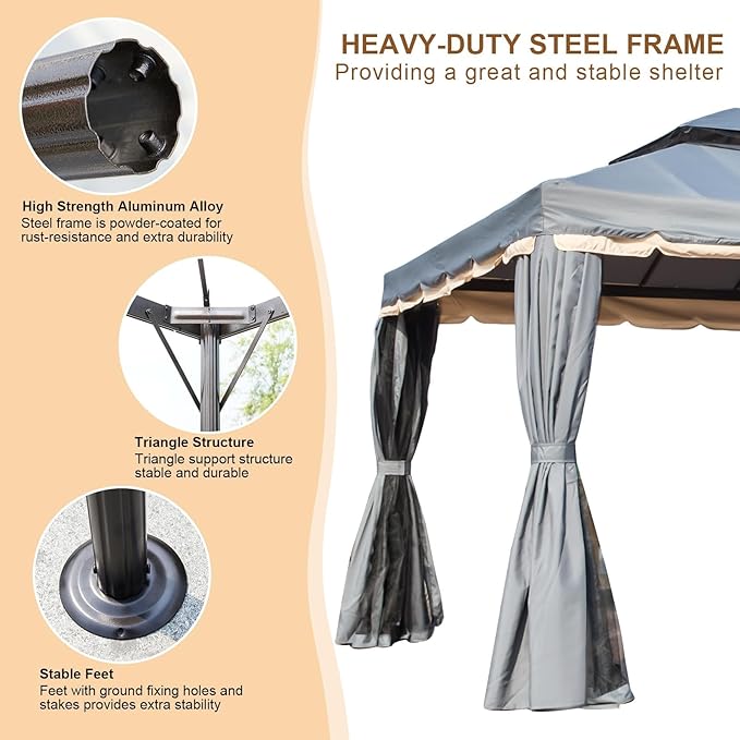 MELLCOM Grey 10x20 Outdoor Patio Canopy Gazebo, Double Roof Patio Pergolas Steel Frame with Netting and Shade Curtains for Garden,Party Canopy