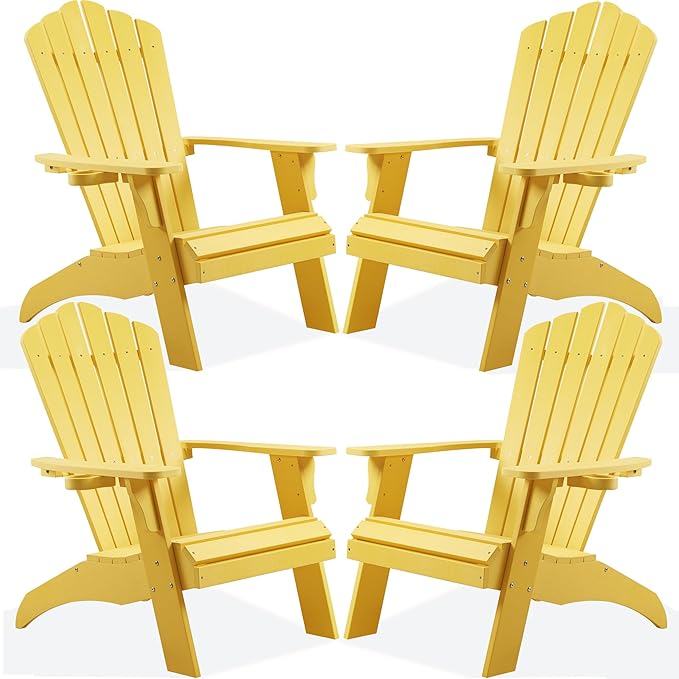 Psilvam Adirondack Chair, Oversized Poly Lumber Fire Pit Chair with Cup Holder, 350Lbs Support Patio Chairs for Garden, Weather Resistant Adirondack Chair Looks Like Real Wood (4, Yellow)