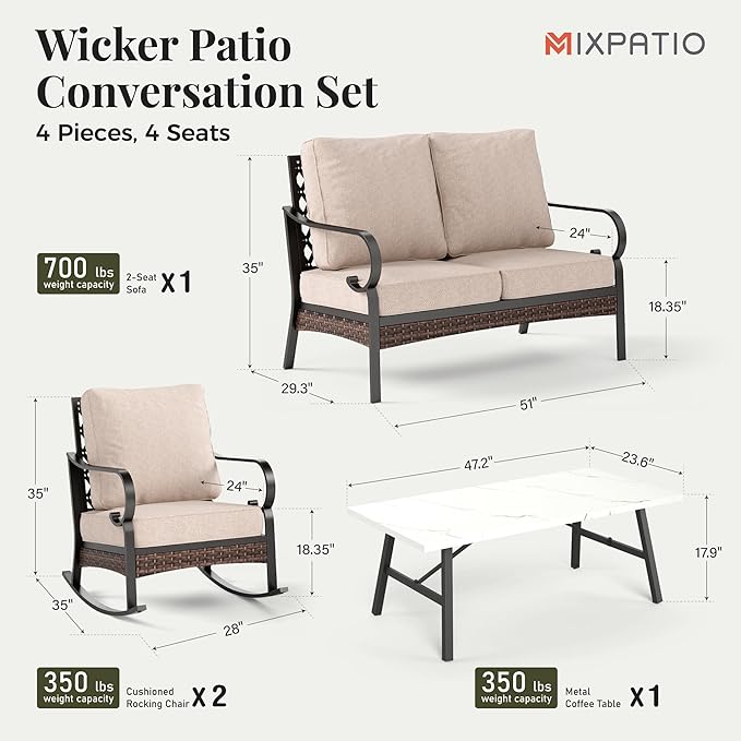 Patio Furniture Set with Coffee Table, Outdoor Conversation Set with 2 x Rocking Chair, 1 x 2-Seat Sofa for Lawn Garden Backyard, Beige