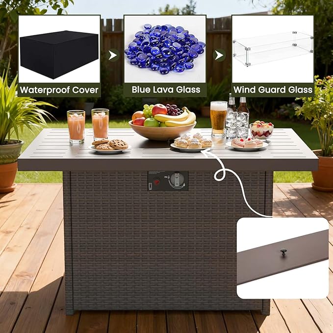 Propane Fire Pit Table, 44" Outdoor Gas Fire Pit with Glass Wind Guard & Waterproof Cover