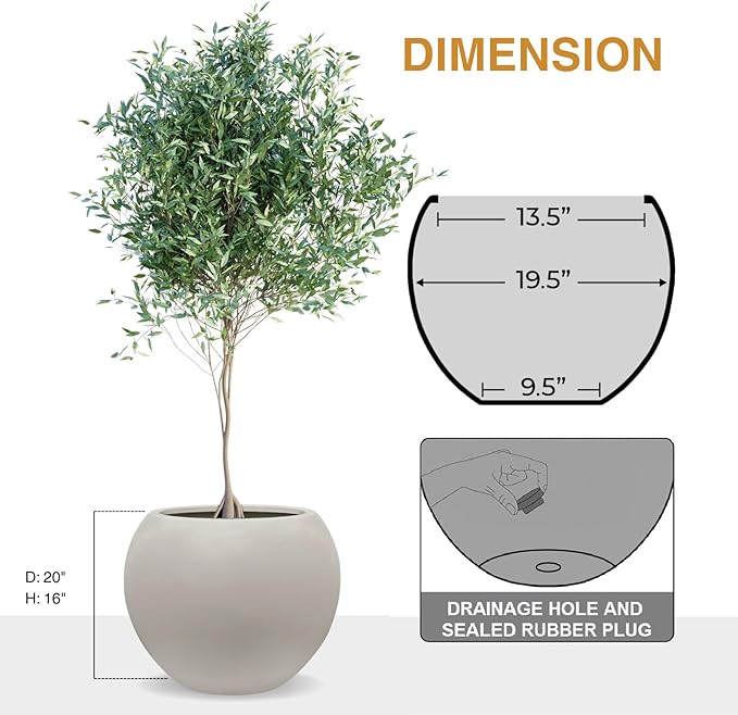 16" H x 20" D Globo Fiberstone Round Planter - Christmas Tree Planter, Smooth Finishes, Weather Resistant for Indoor & Outdoor Use, Included 2 Extra Coco Mats (Taupe, 13.5" Pot Opening)