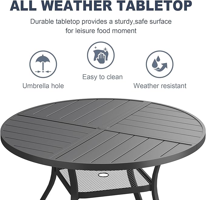 VICLLAX Round Patio Dining Table, 4-6 Person Metal Outdoor Dining Table with Umbrella Hole and Storage Shelf for Garden Lawn Deck, 47.2" Black